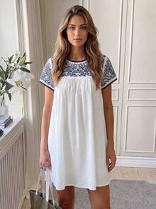 Easowa Women's Large Scoop Neck Lace Decor Dress Vacation White And Blue Floral Summer Sexy Tropical - White - View 3
