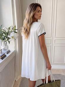 Easowa Women's Large Scoop Neck Lace Decor Dress Vacation White And Blue Floral Summer Sexy Tropical - White - View 2