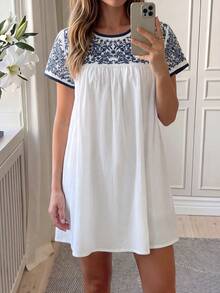 Easowa Women's Large Scoop Neck Lace Decor Dress Vacation White And Blue Floral Summer Sexy Tropical - White - View 5
