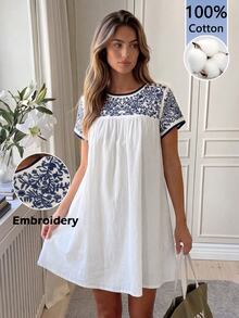 Easowa Women's Large Scoop Neck Lace Decor Dress Vacation White And Blue Floral Summer Sexy Tropical - White - View 1