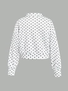 SHEIN Tween女孩秋冬款前拉鍊長袖極簡波點短版運動衫，休閒日常穿搭，畢業長袖上衣，返校穿搭，畢業服飾 - 黑與白 - 查看 8