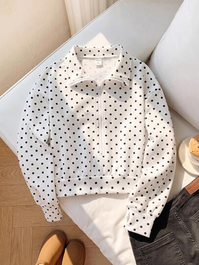 SHEIN Tween Girls Tween Girl Autumn/Winter Front Zipper Long Sleeve Minimalist Short Polka Dot Sweatshirt, Casual Daily Wear, Graduation Long Sleeve Top, Back To School Outfit, Graduation Clothing, Back To School