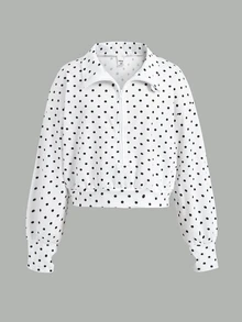 SHEIN Tween女孩秋冬款前拉鍊長袖極簡波點短版運動衫，休閒日常穿搭，畢業長袖上衣，返校穿搭，畢業服飾 - 黑與白 - 查看 9
