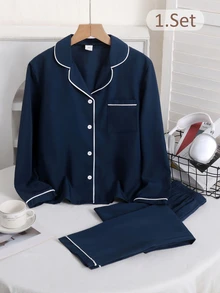 SHEIN Boys' Woven Lapel Open Front Long Sleeve Top And Casual Long Pants 2 Pieces Loungewear Set - Royal Blue - View 1