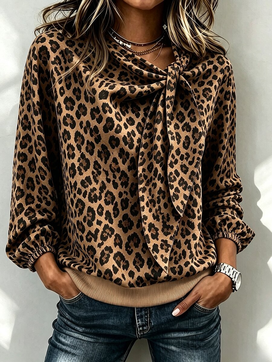 Balvessa Vintage Leopard Print Ribbon Tied Shirt For Women's Fall Long Sleeved Sweatshirt, Suitable For Going Out, Work, And Halloween Festival - Brown - View 1