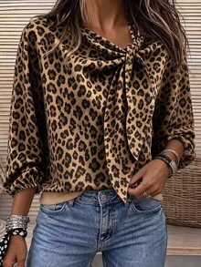 Balvessa Vintage Leopard Print Ribbon Tied Shirt For Women's Fall Long Sleeved Sweatshirt, Suitable For Going Out, Work, And Halloween Festival - Brown - View 8