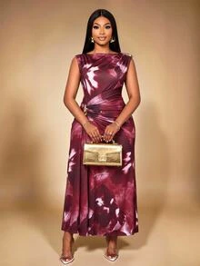 KIORVELLA Plus-Size Women's Slim-Fit Dress Suitable For Daily Commuting, Shopping, Parties, And Gatherings. - Red Violet - View 4