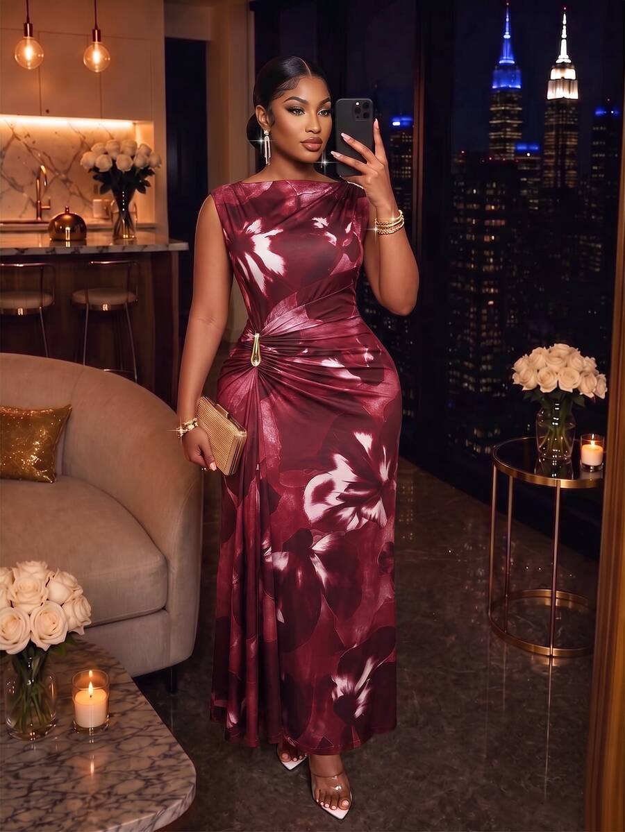 KIORVELLA Plus-Size Women's Slim-Fit Dress Suitable For Daily Commuting, Shopping, Parties, And Gatherings. - Red Violet - View 1