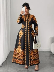 Rometta 大尺碼女款復古黑金拼接印花長洋裝 修身優雅秋季通勤穿搭 晚餐正式場合萬聖節與聖誕節適用 - 黑色 - 查看 7