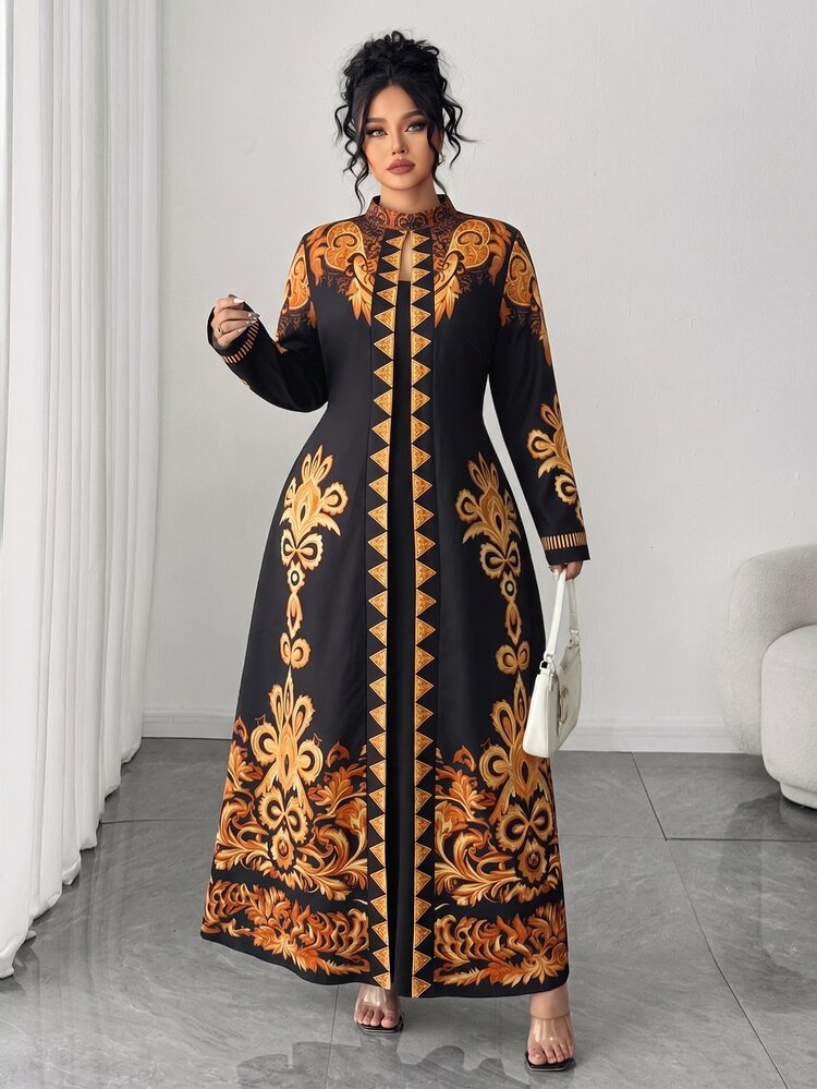 Rometta Plus Size Women's Vintage Black And Gold Placement Print Long Dress Slimming Elegant Autumn Commuter Outfit Dinner Formal Halloween And Christmas - Black - View 5
