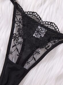 SHEIN 2件套女士白色浪漫长款文胸内衣套装 - 黑色 - 查看 5