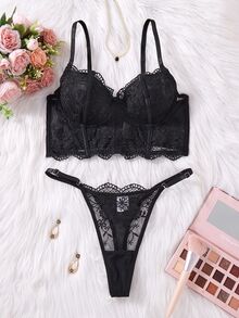 SHEIN 2件套女士白色浪漫长款文胸内衣套装 - 黑色 - 查看 3