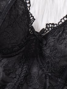 SHEIN 2件套女士白色浪漫长款文胸内衣套装 - 黑色 - 查看 4