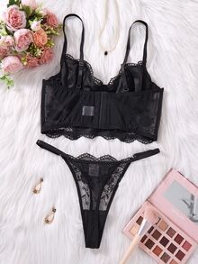 SHEIN 2件套女士白色浪漫长款文胸内衣套装 - 黑色 - 查看 2