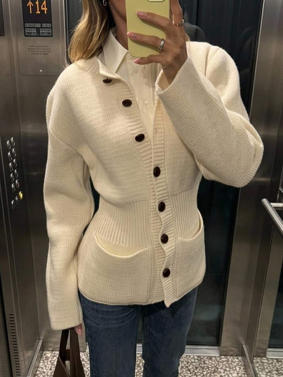 Siren Gaze Cardigan Rajut Wanita Vintage Serbaguna dengan Kancing dan Saku