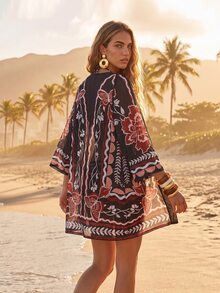 CAJUNI Kimono Longgar Lengan Panjang Motif Bunga untuk Wanita - MultiWarna - View 2