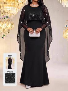 Fleurora Plus Size Elegant Sexy French Style Sequin Cape Mermaid Dress Autumn Long Party Cocktail Formal Black Luxury Evening And Occasion Wedding Halloween - Black - View 1