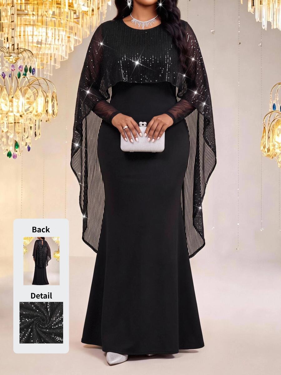 Fleurora Plus Size Elegant Sexy French Style Sequin Cape Mermaid Dress Autumn Long Party Cocktail Formal Black Luxury Evening And Occasion Wedding Halloween - Black - View 1