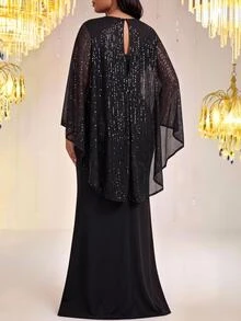 Fleurora Plus Size Elegant Sexy French Style Sequin Cape Mermaid Dress Autumn Long Party Cocktail Formal Black Luxury Evening And Occasion Wedding Halloween - Black - View 3