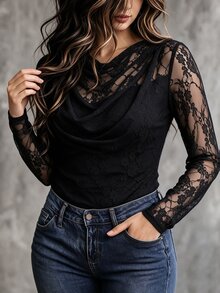 Juhart Plus Size Women Spring Autumn Minimalist Solid Color Contrast Lace Semi-Sheer Fitted Cowl Neck T-Shirt, Party Top, Suitable For Daily Wear - Black - View 5