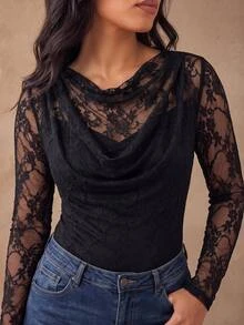 Juhart Plus Size Women Spring Autumn Minimalist Solid Color Contrast Lace Semi-Sheer Fitted Cowl Neck T-Shirt, Party Top, Suitable For Daily Wear - Black - View 1
