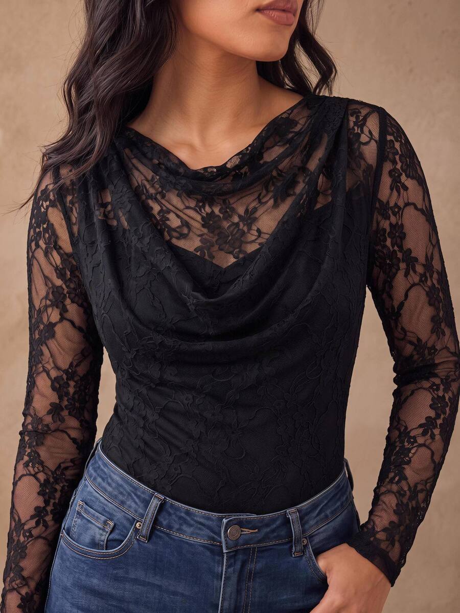 Juhart Plus Size Women Spring Autumn Minimalist Solid Color Contrast Lace Semi-Sheer Fitted Cowl Neck T-Shirt, Party Top, Suitable For Daily Wear - Black - View 1