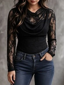 Juhart Plus Size Women Spring Autumn Minimalist Solid Color Contrast Lace Semi-Sheer Fitted Cowl Neck T-Shirt, Party Top, Suitable For Daily Wear - Black - View 3