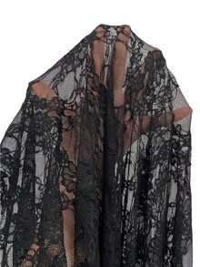 Juhart Plus Size Women Spring Autumn Minimalist Solid Color Contrast Lace Semi-Sheer Fitted Cowl Neck T-Shirt, Party Top, Suitable For Daily Wear - Black - View 6