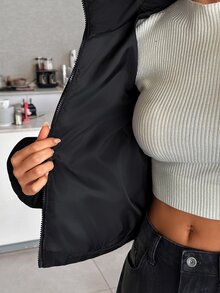 Pariaura جاكيت منفوخ مبطن قصير للنساء بلون الجمل مع ياقة عالية، ملابس خارجية دافئة للشتاء - الأسود - مشاهدة 10