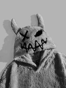Mainfolk Men's Oversized Cartoon Embroidered 3D Ears Teddy Hoodie, For Fall Winter, Long Sleeve Top, Vacation, Father's Day Gifts, Football - Grey - View 3