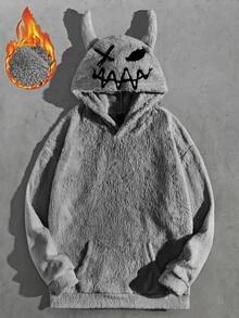 Mainfolk Men's Oversized Cartoon Embroidered 3D Ears Teddy Hoodie, For Fall Winter, Long Sleeve Top, Vacation, Father's Day Gifts, Football - Grey - View 1