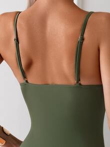 Swim Basics Women Solid Color Ruched One-Piece Swimsuit With Adjustable Shoulder Strap, Perfect For Beach And Vacation,Summer Beach - Army Green - View 4