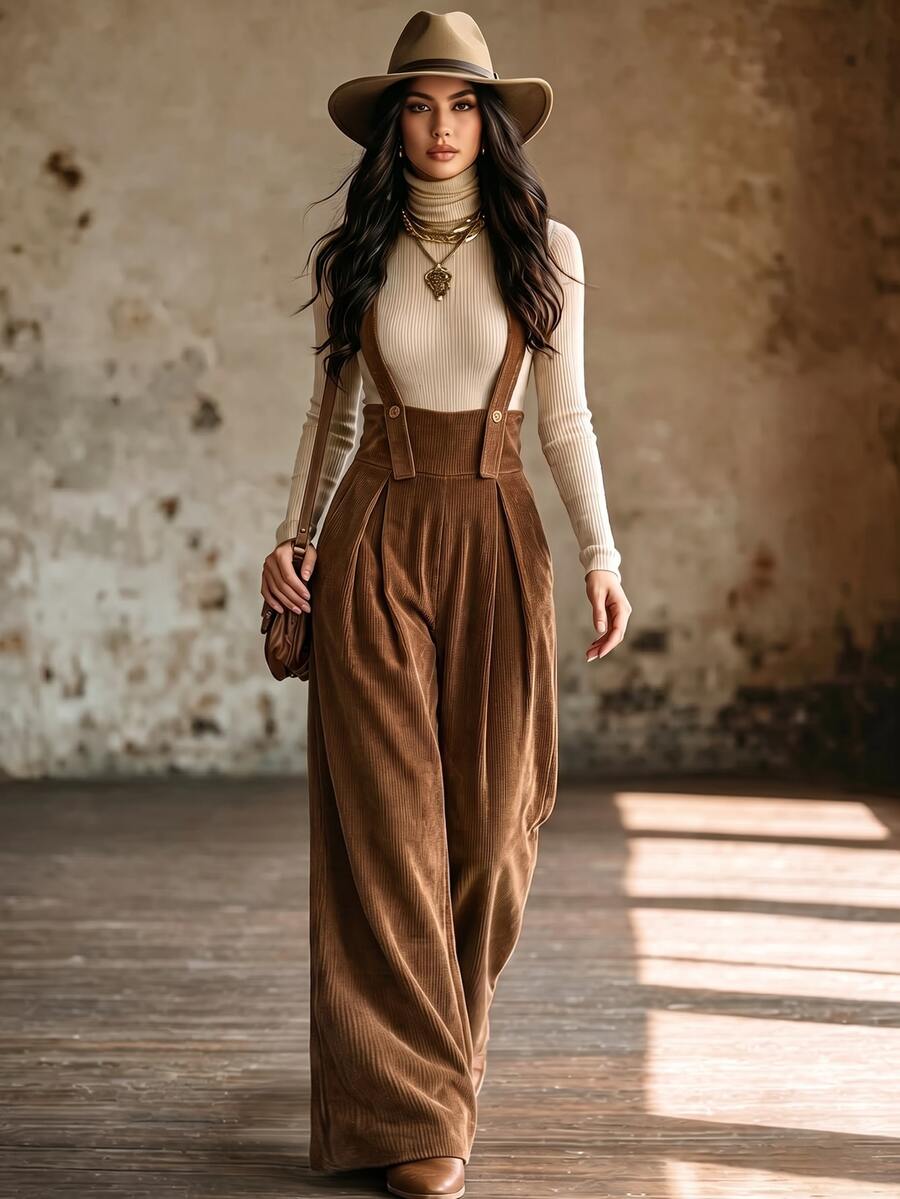 Celisse Jumpsuit Wanita Elegan Musim Gugur dan Dingin Cokelat Corduroy Bertekstur Rusuk, Gaya Overall untuk Natal Hari Nasional Arab Saudi Pesta Tahun Baru Perjalanan Kerja & Jalan-jalan - Coffee Brown - View 1