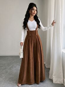 Celisse Jumpsuit Wanita Elegan Musim Gugur dan Dingin Cokelat Corduroy Bertekstur Rusuk, Gaya Overall untuk Natal Hari Nasional Arab Saudi Pesta Tahun Baru Perjalanan Kerja & Jalan-jalan - Coffee Brown - View 4