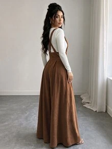 Celisse Jumpsuit Wanita Elegan Musim Gugur dan Dingin Cokelat Corduroy Bertekstur Rusuk, Gaya Overall untuk Natal Hari Nasional Arab Saudi Pesta Tahun Baru Perjalanan Kerja & Jalan-jalan - Coffee Brown - View 2