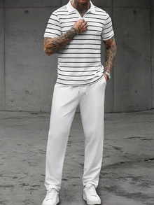 Manfinity Homme 男士條紋拼接配色短袖 Polo 衫與長褲休閒日常穿搭 - 黑與白 - 查看 5