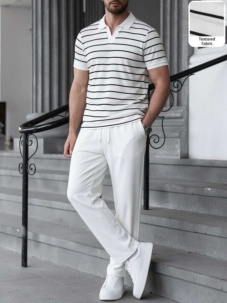 Manfinity Homme 男士條紋拼接配色短袖 Polo 衫與長褲休閒日常穿搭 - 黑與白 - 查看 1