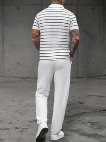 Manfinity Homme 男士條紋拼接配色短袖 Polo 衫與長褲休閒日常穿搭 - 黑與白 - 查看 2