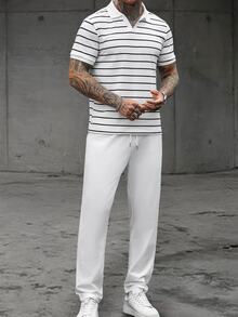 Manfinity Homme 男士條紋拼接配色短袖 Polo 衫與長褲休閒日常穿搭 - 黑與白 - 查看 6