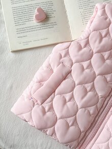 SHEIN 1件幼童女嬰女童絎縫背心可愛甜美粉色愛心圖案拉鍊無袖立領休閒款秋冬紅色裙裝時尚 - 粉色 - 查看 6