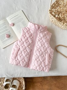 SHEIN 1件幼童女嬰女童絎縫背心可愛甜美粉色愛心圖案拉鍊無袖立領休閒款秋冬紅色裙裝時尚 - 粉色 - 查看 4