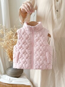 SHEIN 1件幼童女嬰女童絎縫背心可愛甜美粉色愛心圖案拉鍊無袖立領休閒款秋冬紅色裙裝時尚 - 粉色 - 查看 9