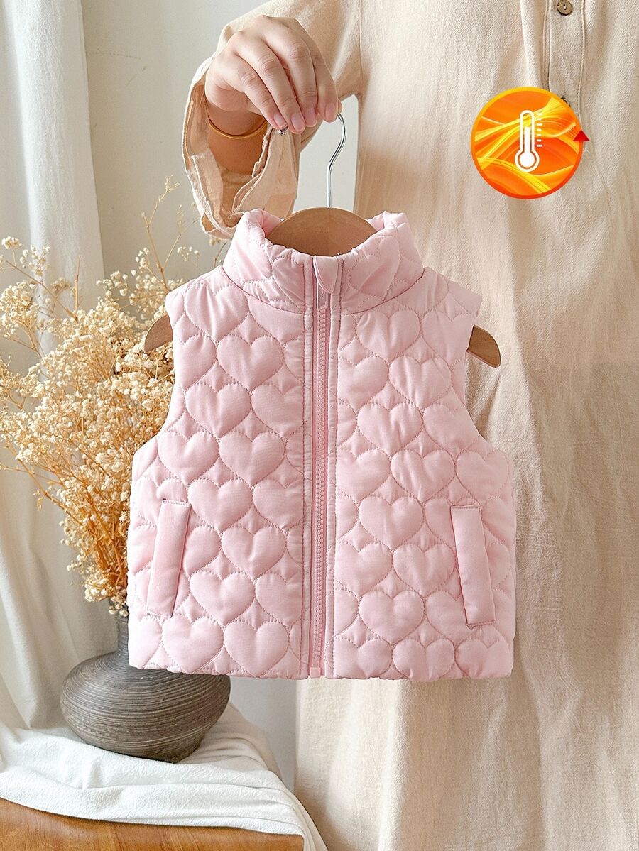 SHEIN 1件幼童女嬰女童絎縫背心可愛甜美粉色愛心圖案拉鍊無袖立領休閒款秋冬紅色裙裝時尚 - 粉色 - 查看 1