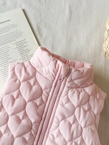 SHEIN 1件幼童女嬰女童絎縫背心可愛甜美粉色愛心圖案拉鍊無袖立領休閒款秋冬紅色裙裝時尚 - 粉色 - 查看 8