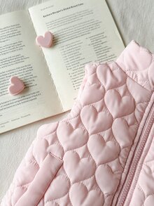 SHEIN 1件幼童女嬰女童絎縫背心可愛甜美粉色愛心圖案拉鍊無袖立領休閒款秋冬紅色裙裝時尚 - 粉色 - 查看 7