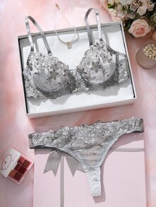 SHEIN 2pcs/Set Pink Romantic Women's Underwear Padded Lingerie Bra & Panty Set - Grey - View 3