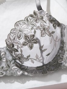 SHEIN 2pcs/Set Pink Romantic Women's Underwear Padded Lingerie Bra & Panty Set - Grey - View 4