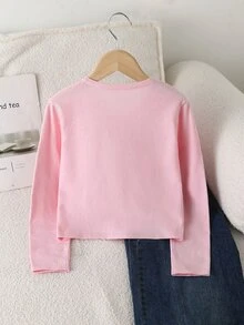 SHEIN Tween女孩開襟衫，蝴蝶結裝飾百搭時尚長袖針織衫，單件秋冬款 - 粉色 - 查看 2