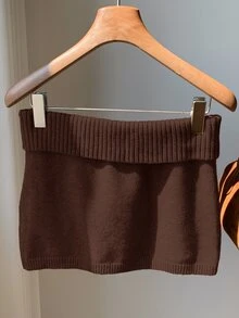 Comfortcana Women's Solid Color Knitted Ribbed Casual Versatile Sweater Skirt, Korean Style In Autumn/ Dark Brown School Travel - Chocolate Brown - View 5
