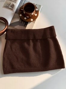 Comfortcana Women's Solid Color Knitted Ribbed Casual Versatile Sweater Skirt, Korean Style In Autumn/ Dark Brown School Travel - Chocolate Brown - View 2